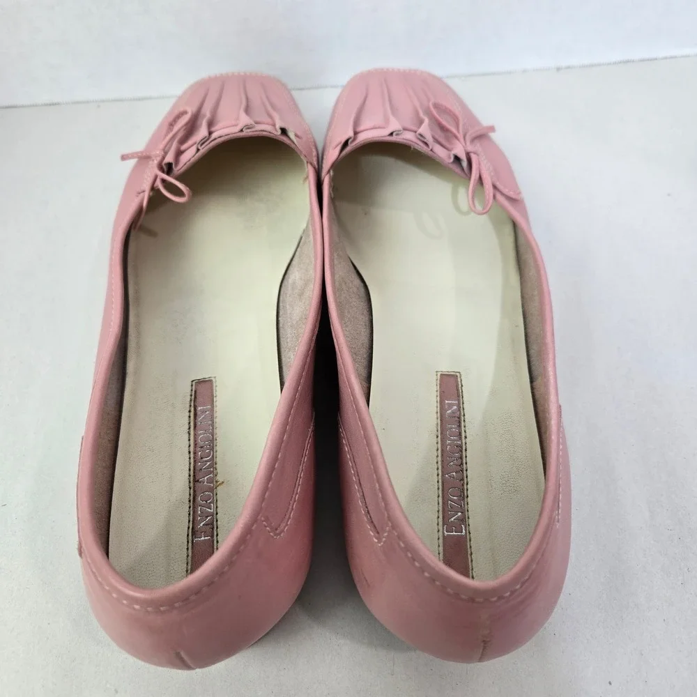 Enzo Angiolini Pink Leather Loafer Shoe Flat Size 10W Pleated Bow Square Toe 981